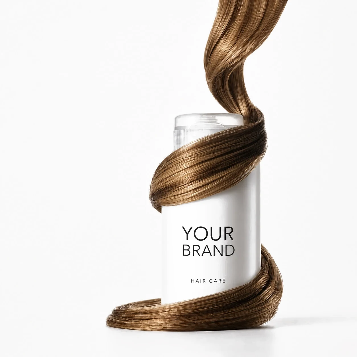 Envase de producto capilar de marca propia con mechón de cabello
