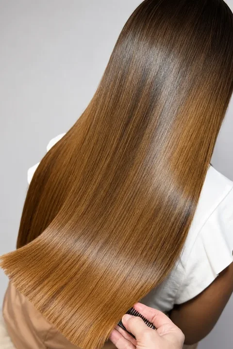 Cabello castaño brillante y disciplinado tras el tratamiento con proteína líquida