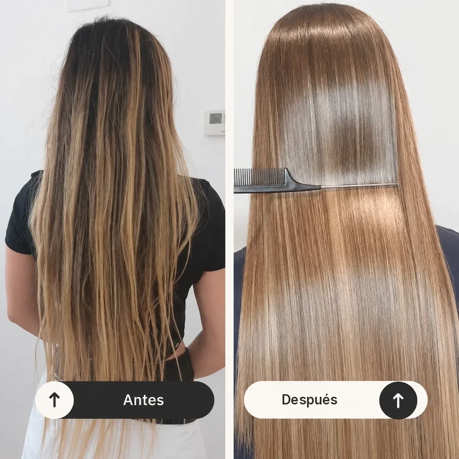 Antes y después de una rutina de Cronograma Capilar en cabello rubio